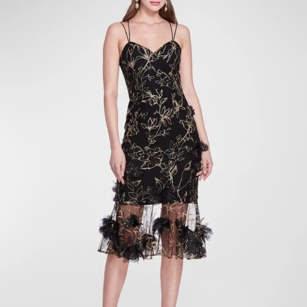 NWT Marchesa Notte Embroidered Applique Lace-Up Midi Dress Black 8